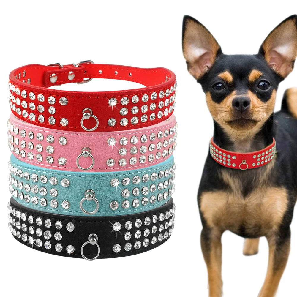 3 Rows Bling Rhinestone Suede Leather Dog Collar – Adjustable Pet Collar for Small & Medium Dogs (XS–L, Red/Blue/Pink/Black)