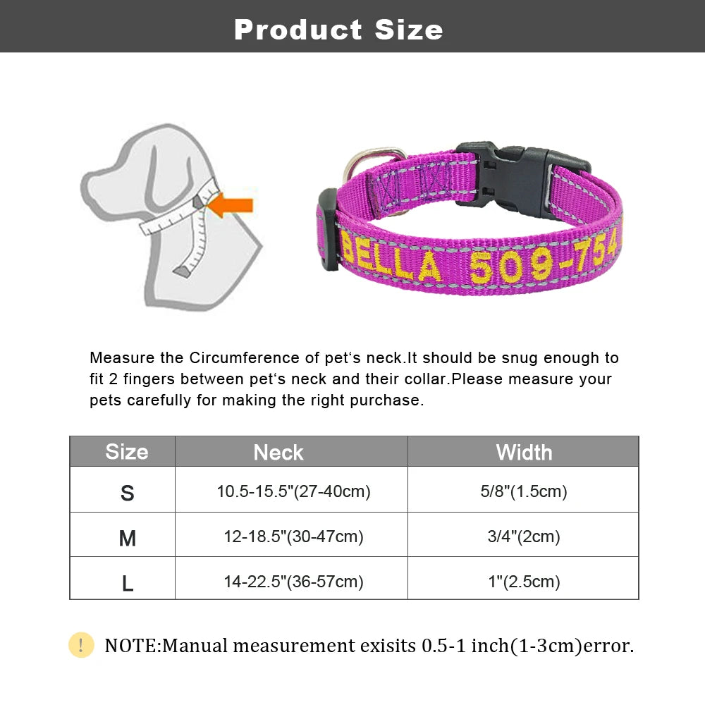 Personalized Embroidered Nylon Dog Collar – Reflective Custom Pet ID Tag with Name & Phone Number – Adjustable for Small, Medium, Large Dogs