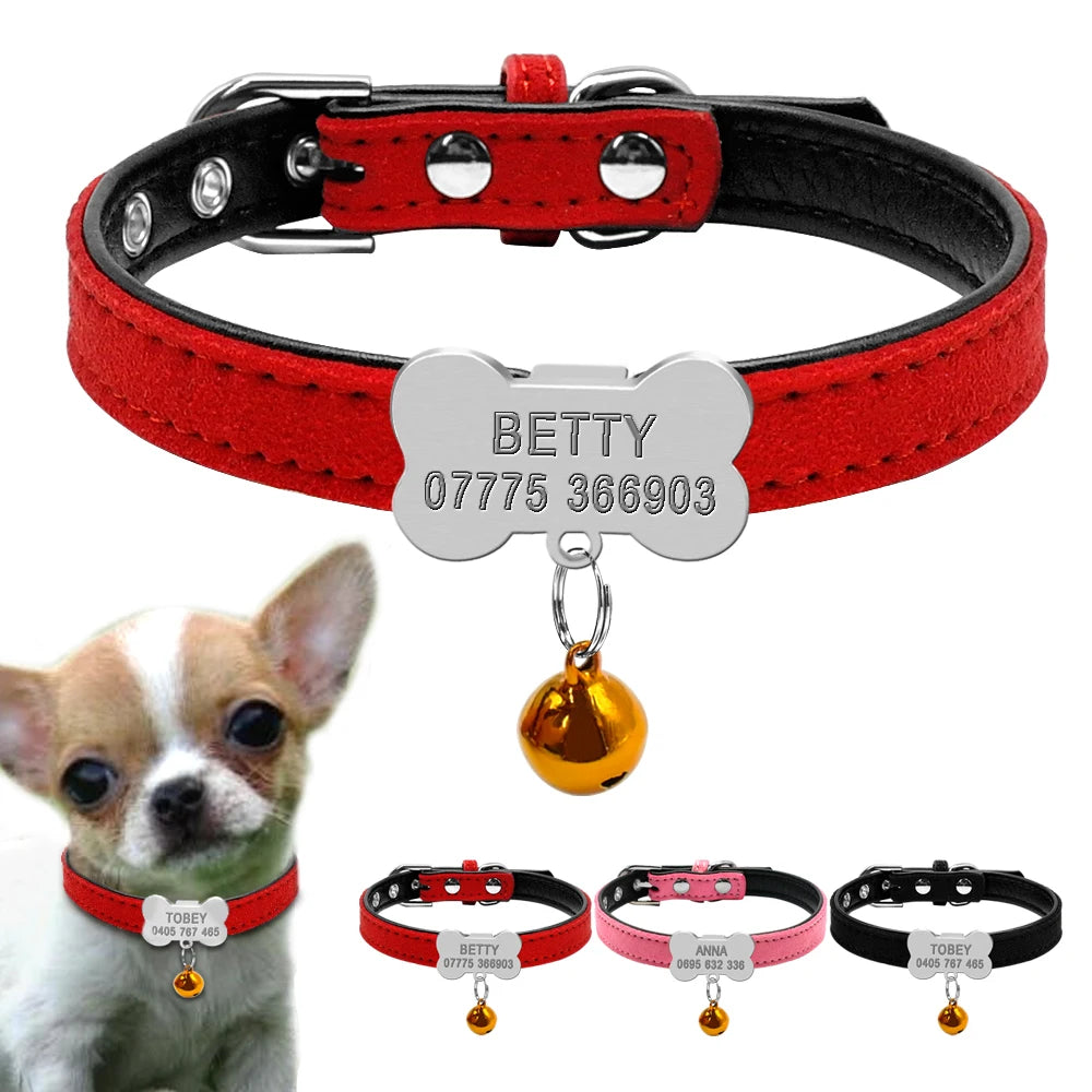 Personalized Dog Collars Custom Chihuahua Puppy Cat Collar Bone ID Tag Engraved with Free Bell – XS S