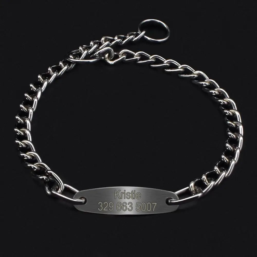 Large Silver Dog Chain Collar – Personalized Training Choker with Free Engraved Nameplate