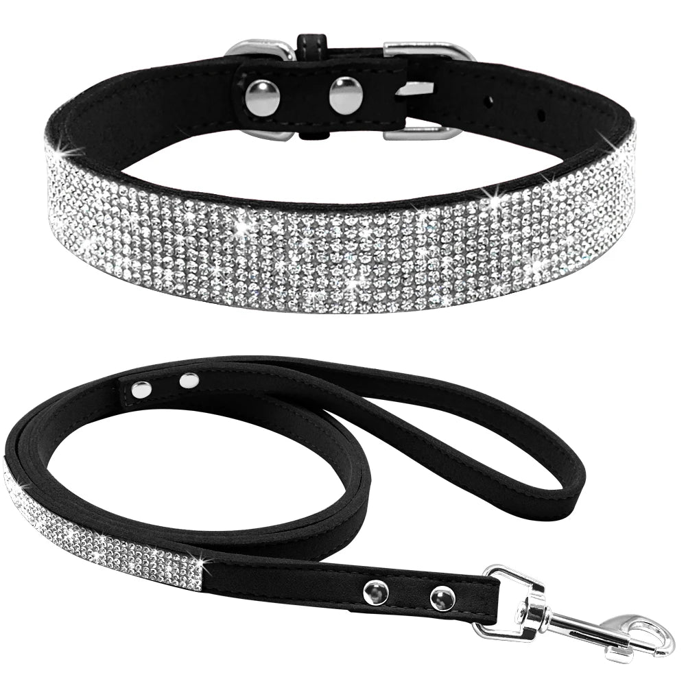 Adjustable Suede Leather Puppy Dog Collar & Leash Set – Rhinestone Bling for Small & Medium Pets (XS–M)