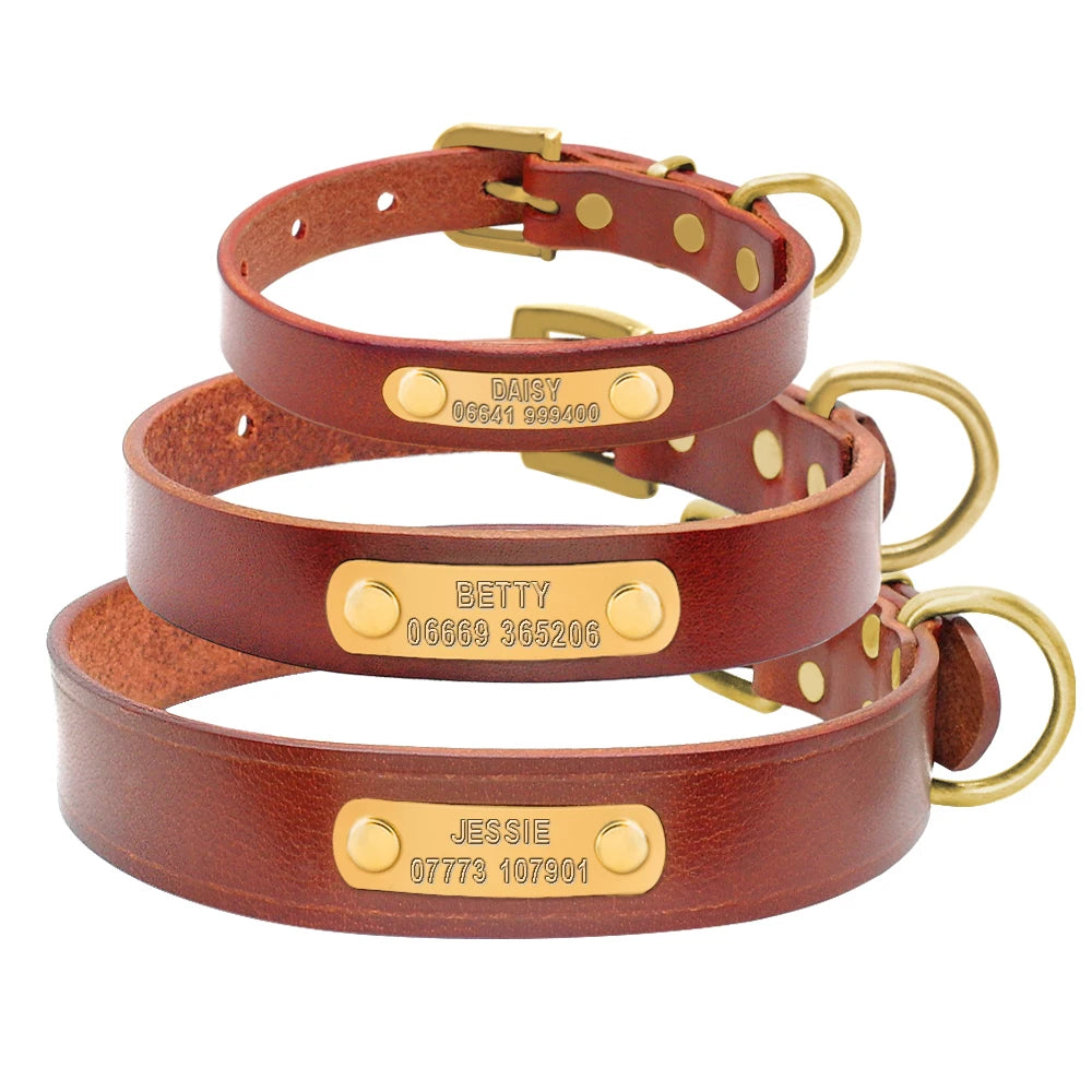 Personalized Leather Dog Collar – Custom Engraved ID Tag with Name & Phone Number for Small & Medium Dogs