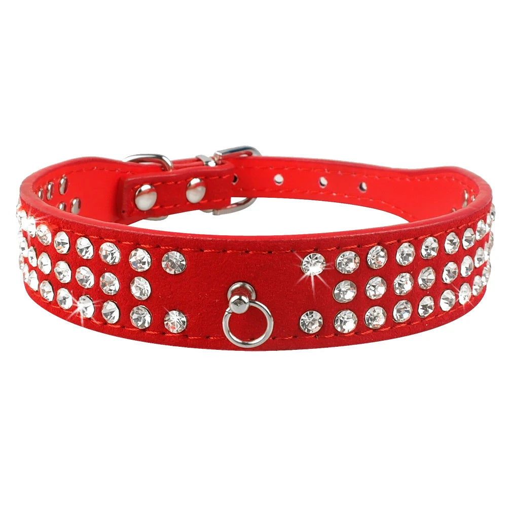 3 Rows Bling Rhinestone Suede Leather Dog Collar – Adjustable Pet Collar for Small & Medium Dogs (XS–L, Red/Blue/Pink/Black)