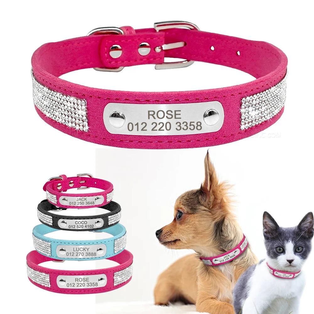 Soft Rhinestone Personalized Dog Collar – Custom Suede Leather with Engraved ID Tag for Small & Medium Dogs