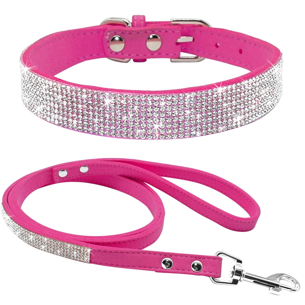 Adjustable Suede Leather Puppy Dog Collar & Leash Set – Rhinestone Bling for Small & Medium Pets (XS–M)