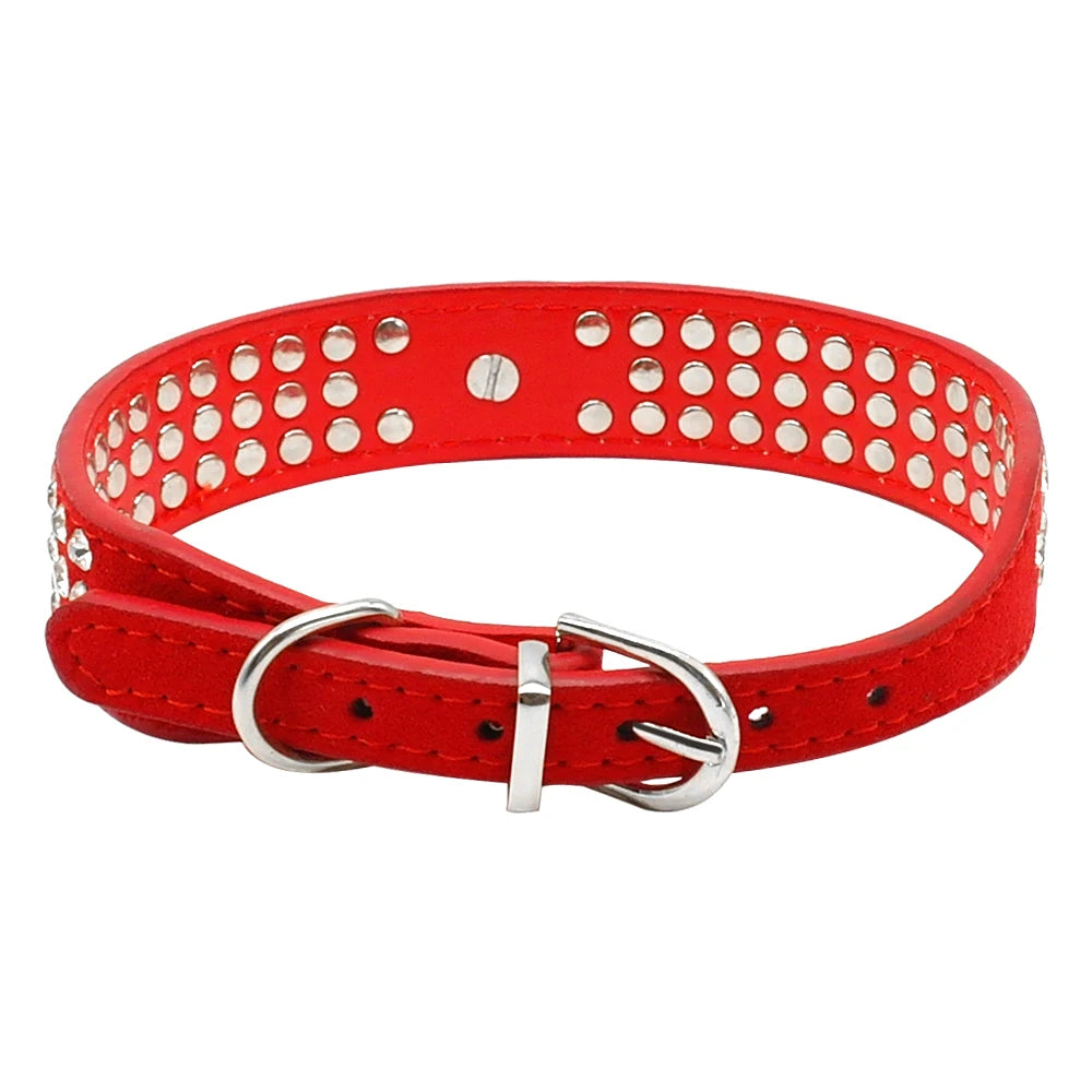 3 Rows Bling Rhinestone Suede Leather Dog Collar – Adjustable Pet Collar for Small & Medium Dogs (XS–L, Red/Blue/Pink/Black)