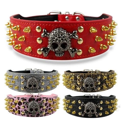 2" Wide Spiked Studded Leather Dog Collar with Skull & Bullet Rivets – For Medium & Large Dogs (S–XL)