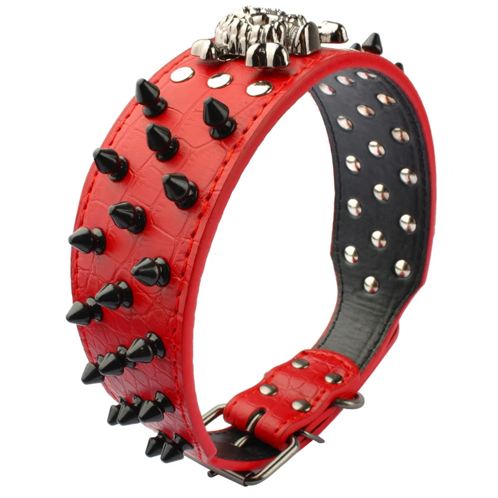 2" Wide Spiked Studded Leather Dog Collar with Skull & Bullet Rivets – For Medium & Large Dogs (S–XL)
