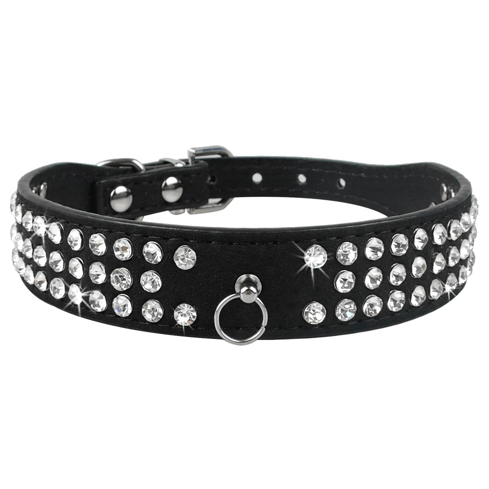 3 Rows Bling Rhinestone Suede Leather Dog Collar – Adjustable Pet Collar for Small & Medium Dogs (XS–L, Red/Blue/Pink/Black)