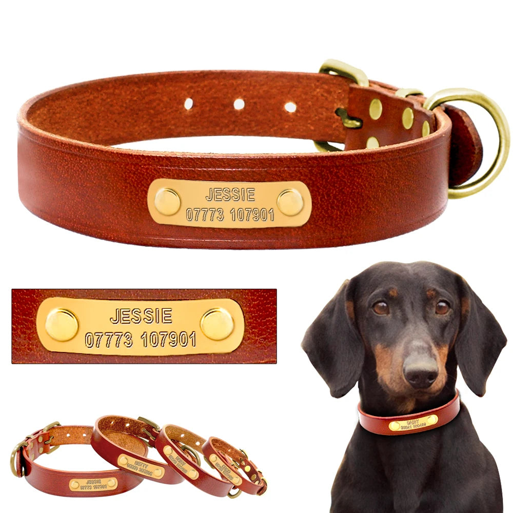 Personalized Leather Dog Collar – Custom Engraved ID Tag with Name & Phone Number for Small & Medium Dogs