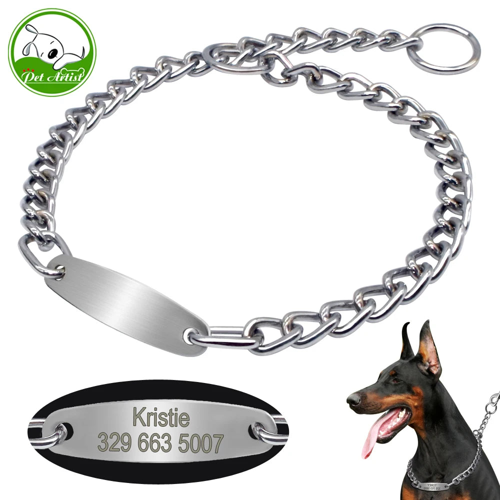 Large Silver Dog Chain Collar – Personalized Training Choker with Free Engraved Nameplate