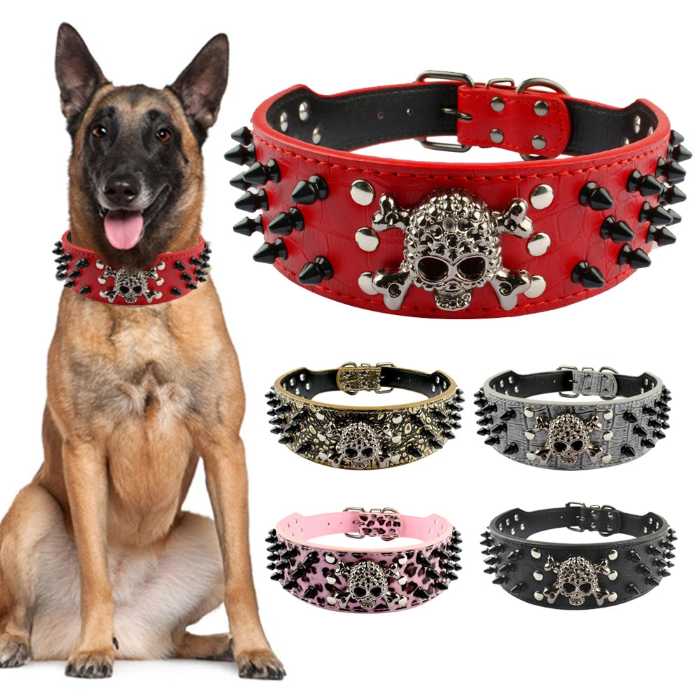 2" Wide Spiked Studded Leather Dog Collar with Skull & Bullet Rivets – For Medium & Large Dogs (S–XL)