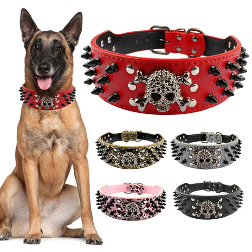 2" Wide Spiked Studded Leather Dog Collar with Skull & Bullet Rivets – For Medium & Large Dogs (S–XL)