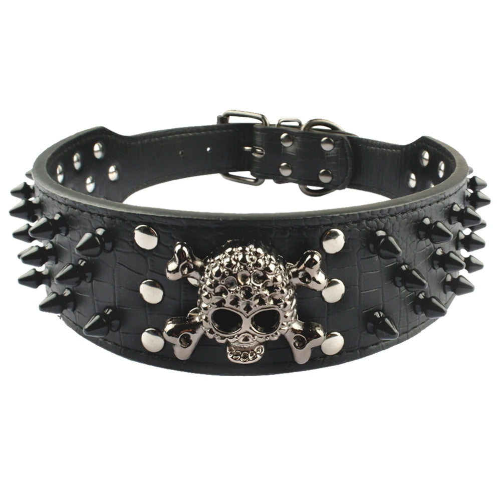 2" Wide Spiked Studded Leather Dog Collar with Skull & Bullet Rivets – For Medium & Large Dogs (S–XL)