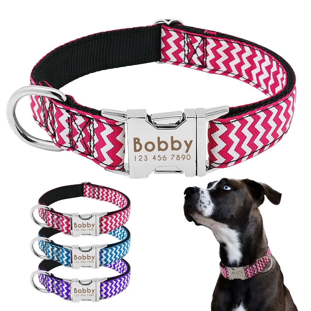 Personalized Nylon Dog Collar – Custom Engraved ID Tag Nameplate for Medium & Large Dogs