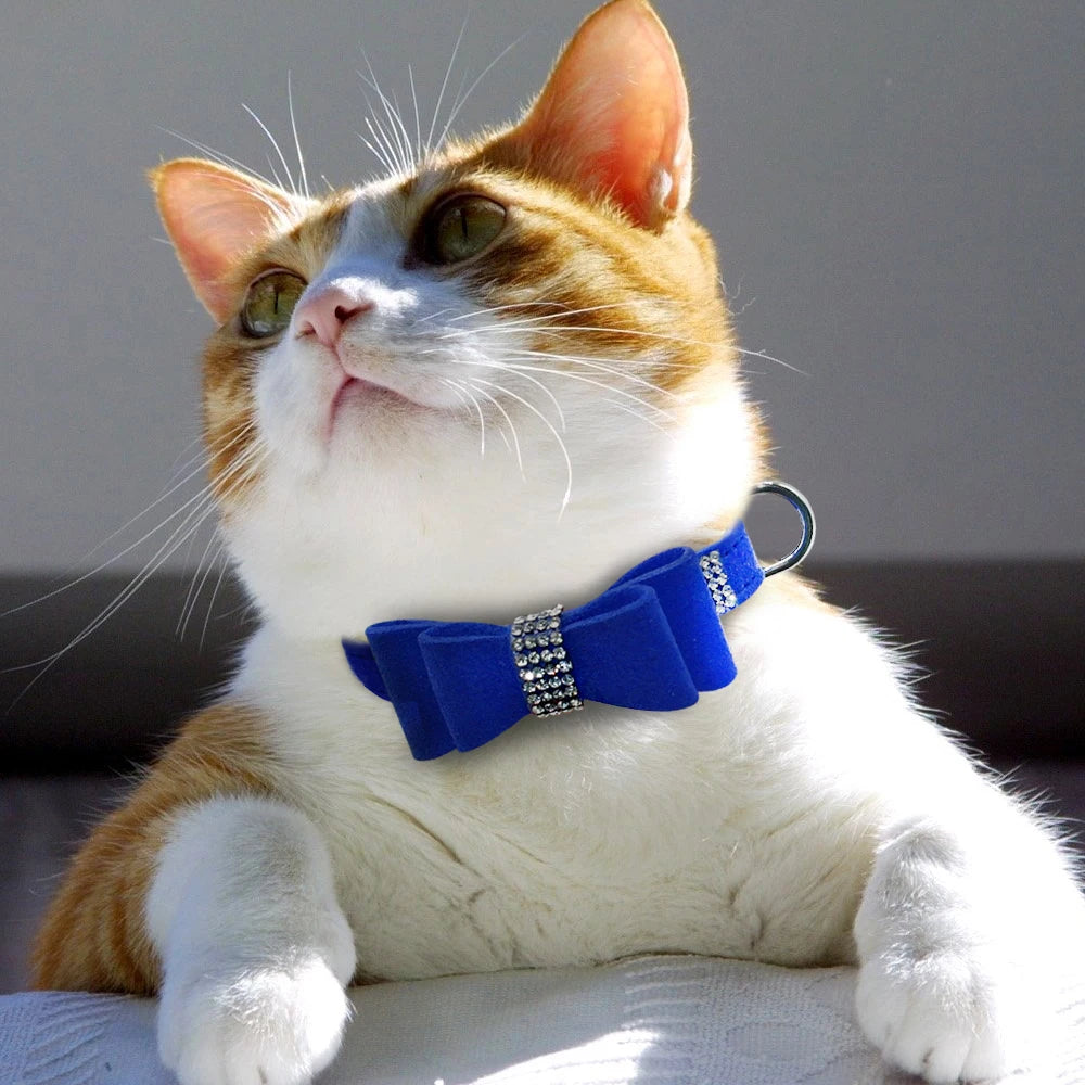 Bling Rhinestone Puppy & Cat Collar – Adjustable Suede Leather with Bowknot for Small & Medium Pets