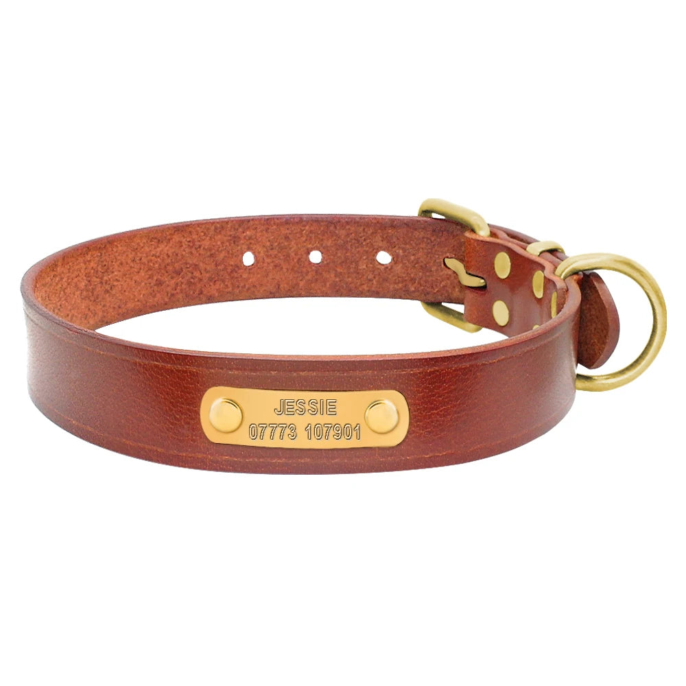 Personalized Leather Dog Collar – Custom Engraved ID Tag with Name & Phone Number for Small & Medium Dogs