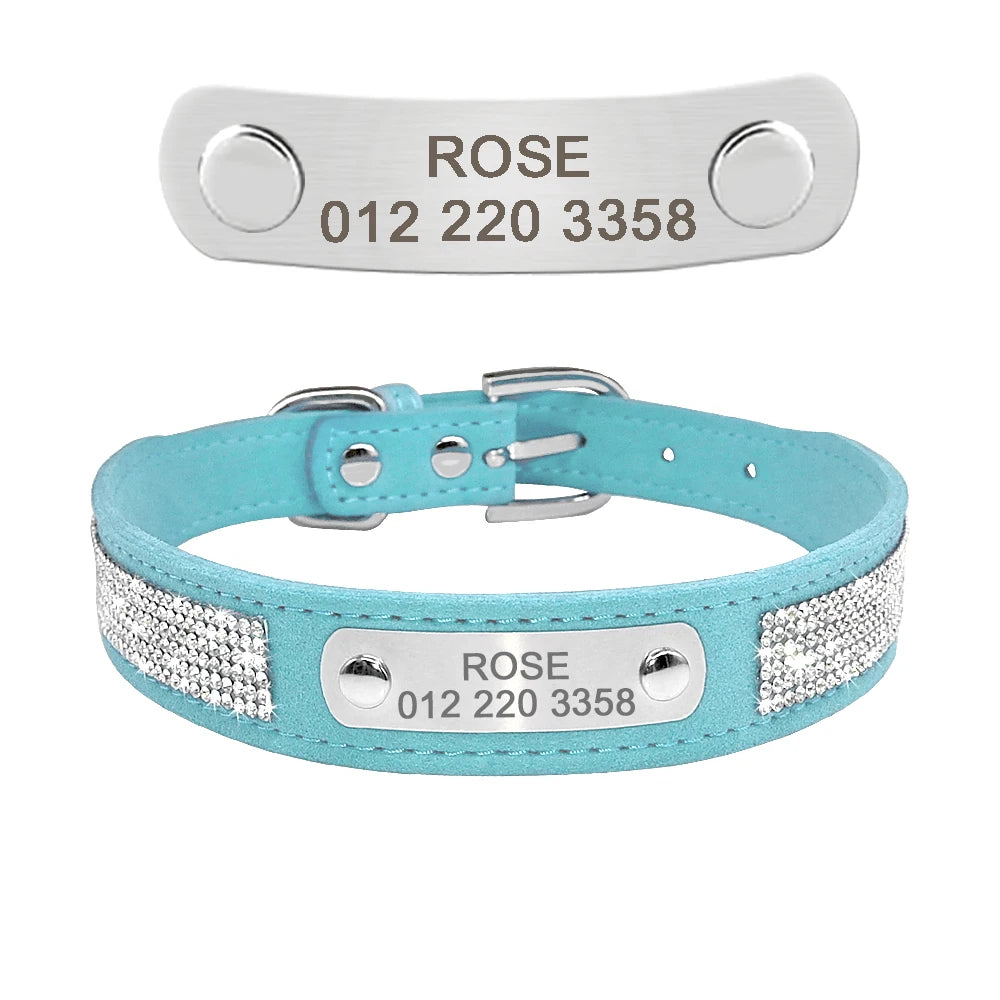 Soft Rhinestone Personalized Dog Collar – Custom Suede Leather with Engraved ID Tag for Small & Medium Dogs