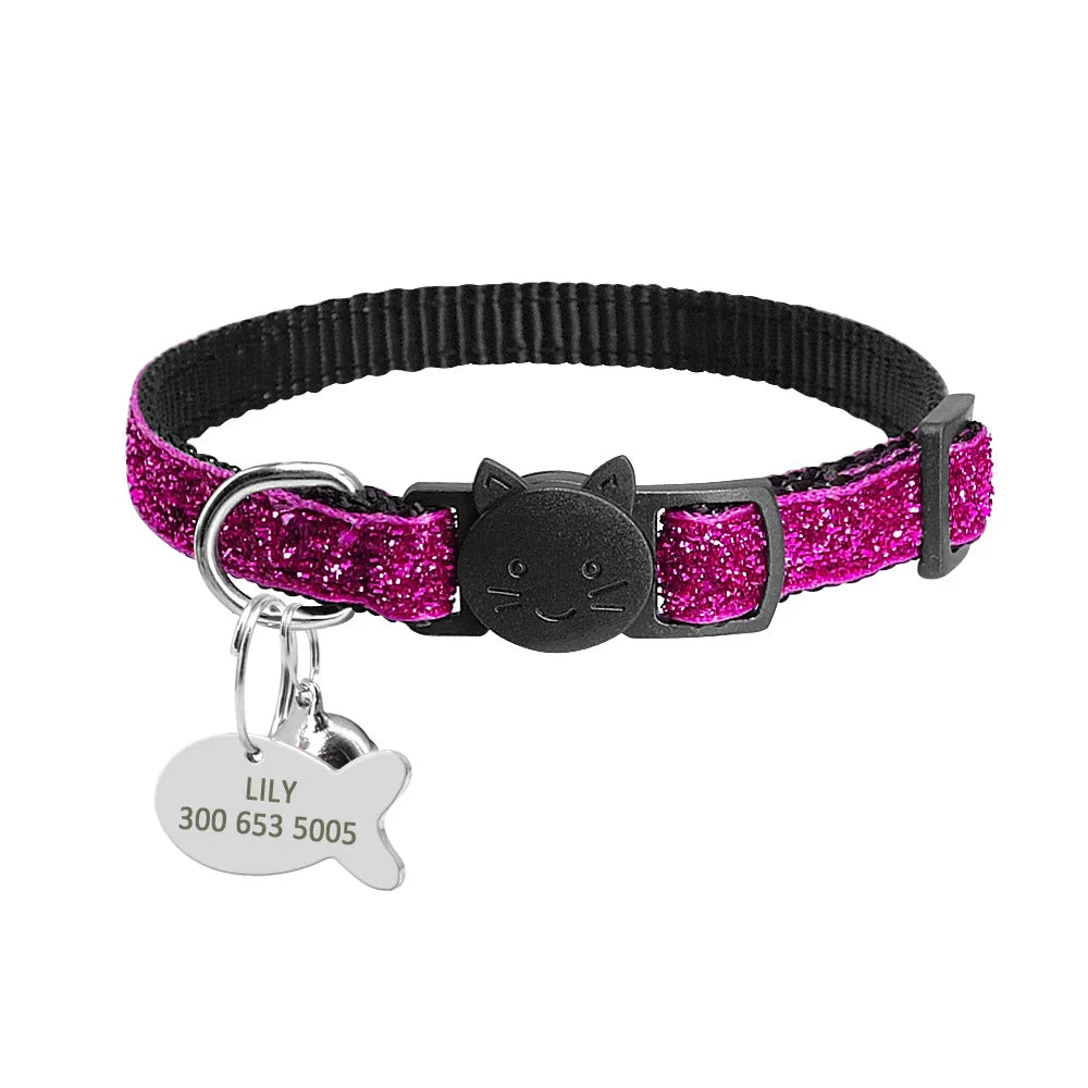 Personalized Quick Release Kitten Cat ID Collar Bling Sequins Puppy Dog Collars Engraved Tag Set With Bell For Small Dogs Cats