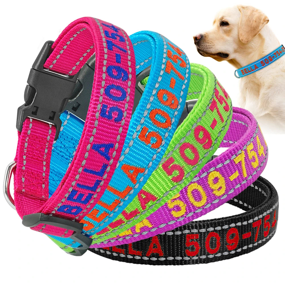 Personalized Embroidered Nylon Dog Collar – Reflective Custom Pet ID Tag with Name & Phone Number – Adjustable for Small, Medium, Large Dogs