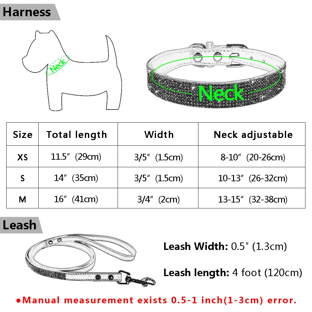 Adjustable Suede Leather Puppy Dog Collar & Leash Set – Rhinestone Bling for Small & Medium Pets (XS–M)