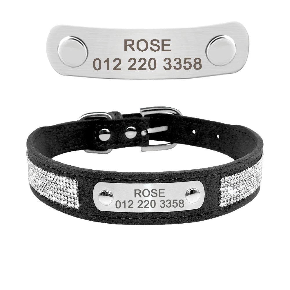 Soft Rhinestone Personalized Dog Collar – Custom Suede Leather with Engraved ID Tag for Small & Medium Dogs