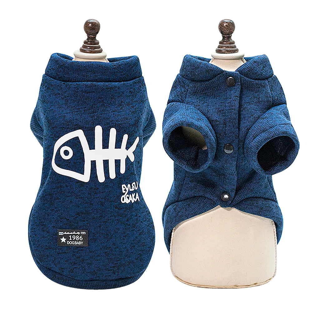 Winter Dog Hoodie Coat – Warm Polyester Pet Jacket for Small Dogs & Cats (XS–XL, Blue/Grey)