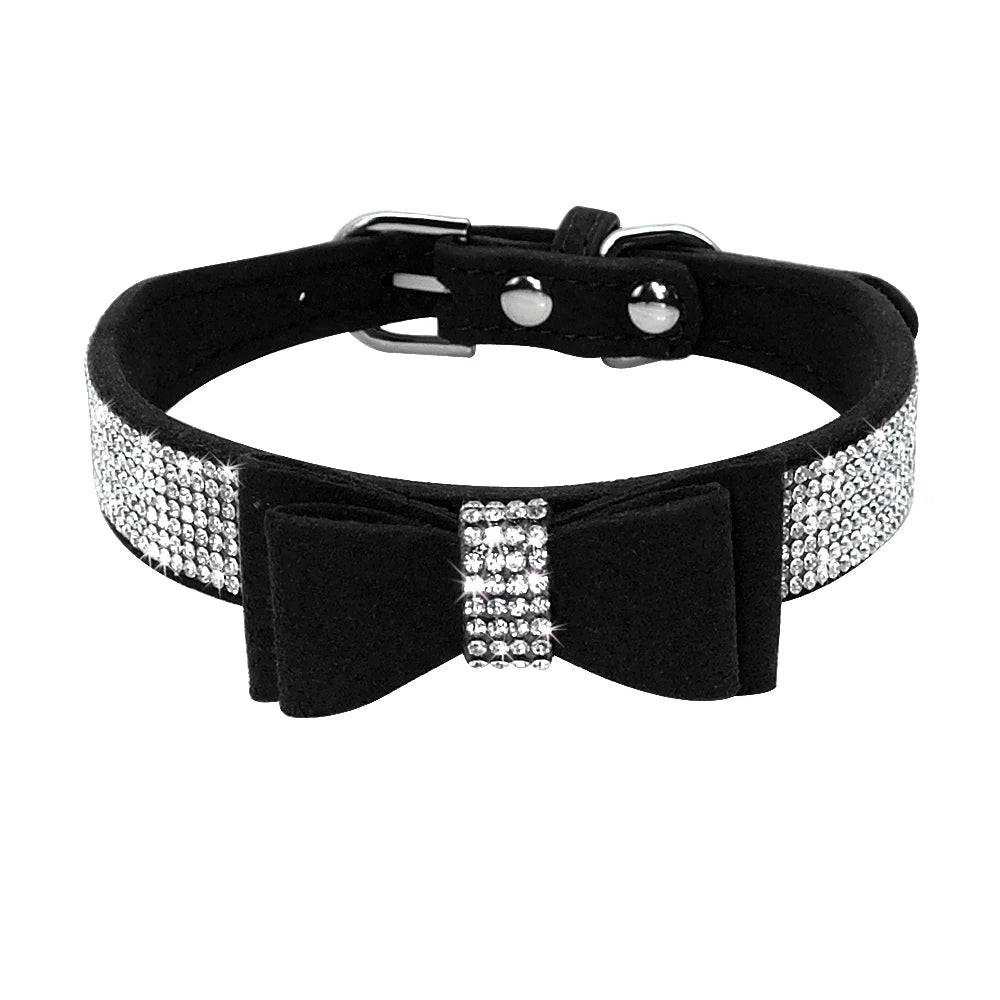 Soft Seude Leather Puppy Dog Collar Bling Rhinestone Bowknot Kitten Cat Collars For Small Medium Dogs Cats Chihuahua Pink XXS-M