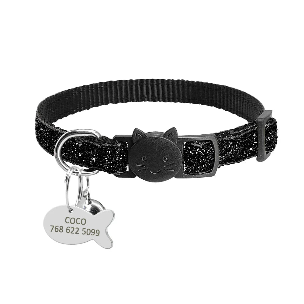 Personalized Quick Release Kitten Cat ID Collar Bling Sequins Puppy Dog Collars Engraved Tag Set With Bell For Small Dogs Cats