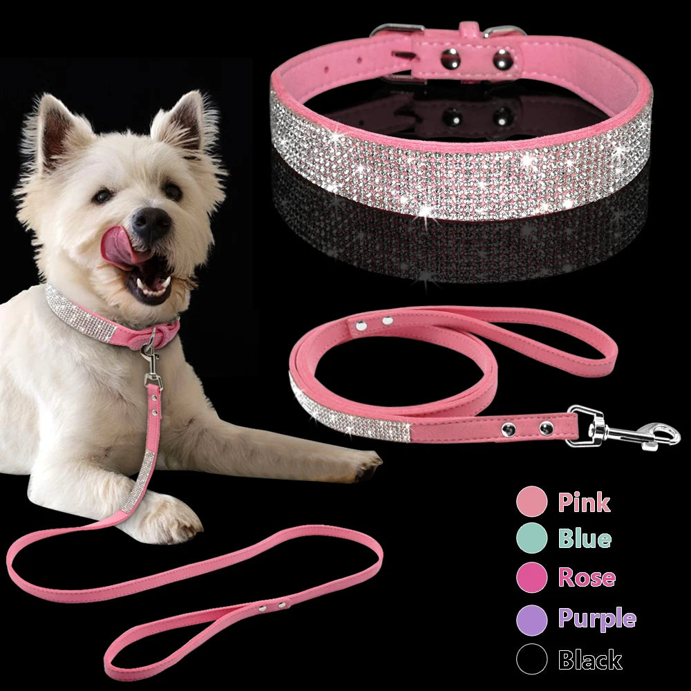 Adjustable Suede Leather Puppy Dog Collar & Leash Set – Rhinestone Bling for Small & Medium Pets (XS–M)