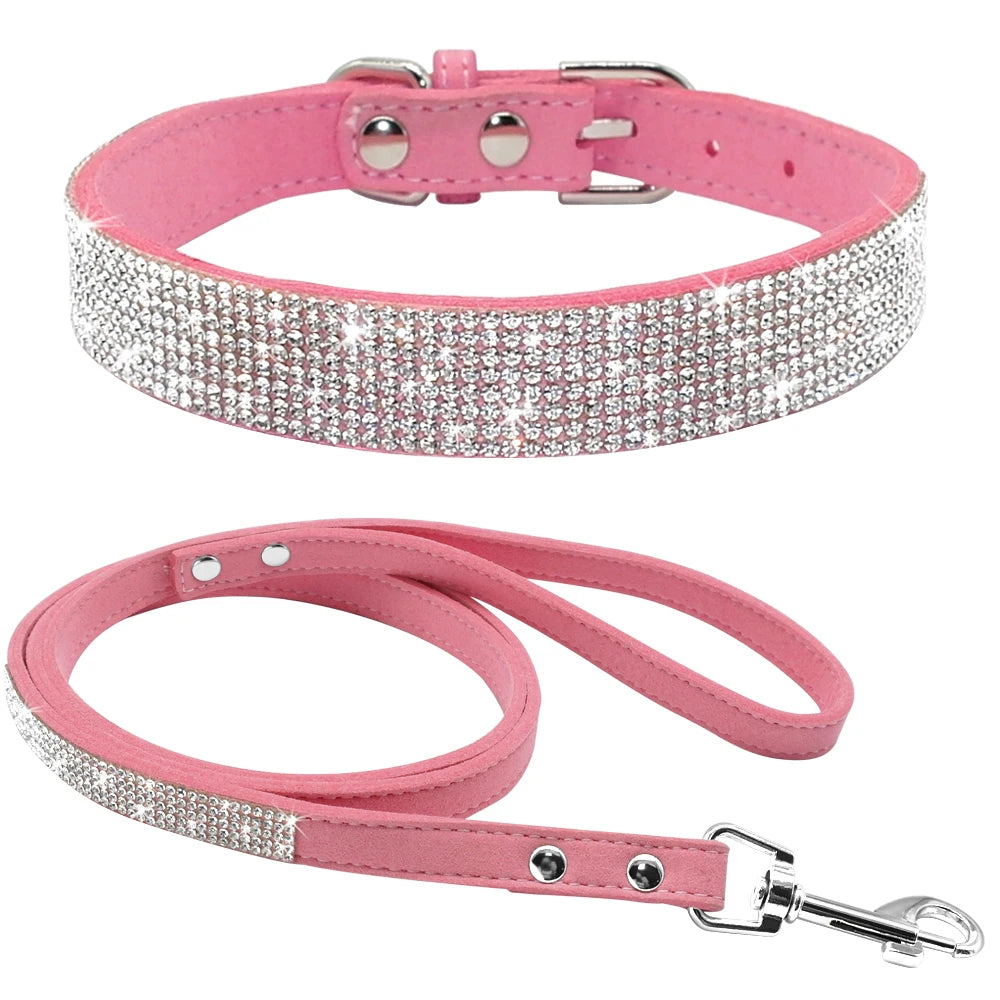 Adjustable Suede Leather Puppy Dog Collar & Leash Set – Rhinestone Bling for Small & Medium Pets (XS–M)