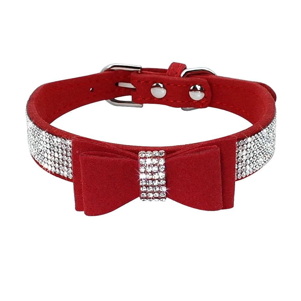 Soft Seude Leather Puppy Dog Collar Bling Rhinestone Bowknot Kitten Cat Collars For Small Medium Dogs Cats Chihuahua Pink XXS-M