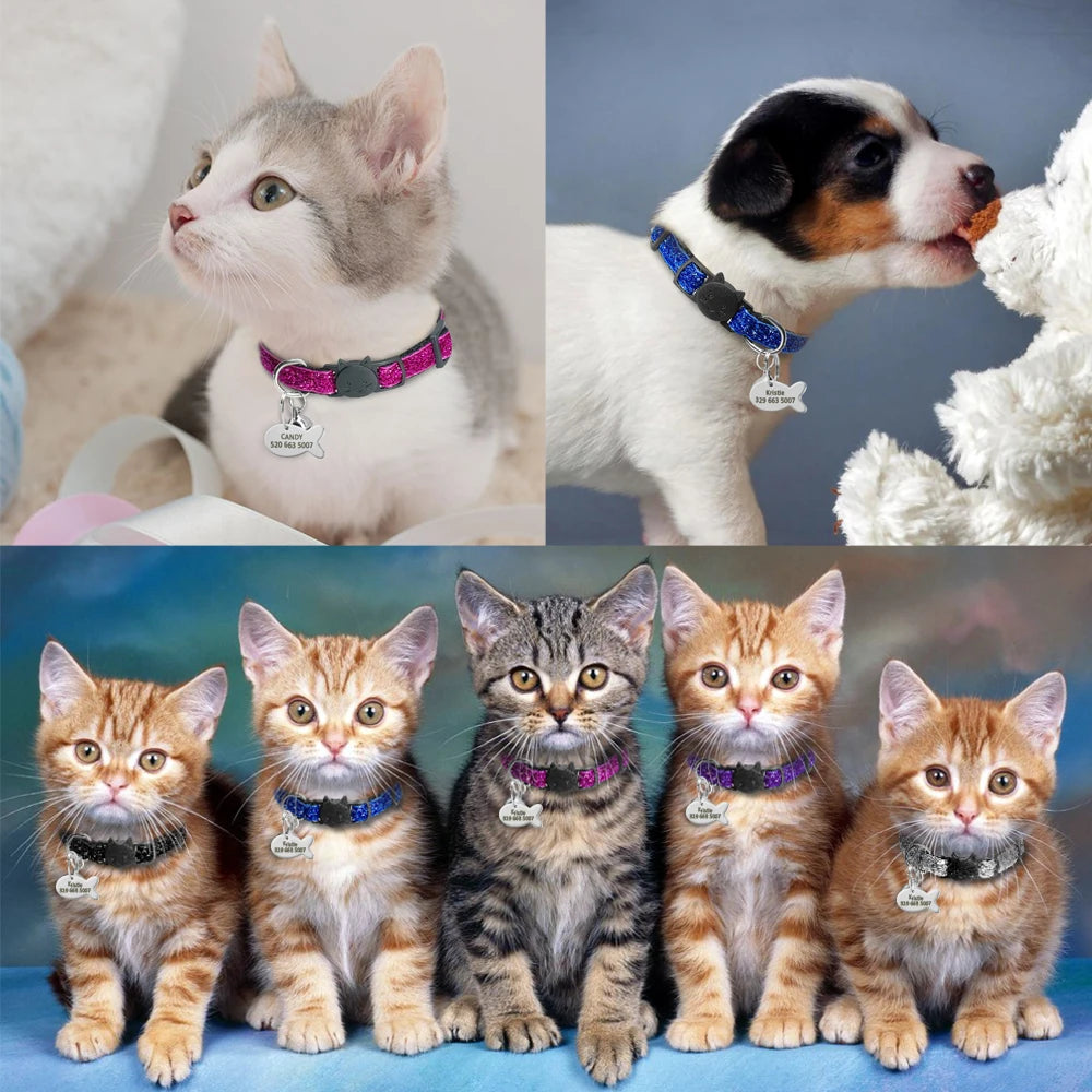 Personalized Quick Release Kitten Cat ID Collar Bling Sequins Puppy Dog Collars Engraved Tag Set With Bell For Small Dogs Cats