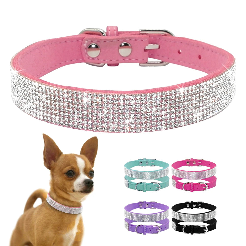 Bling Rhinestone Puppy & Cat Collar – Adjustable Suede Leather with Bowknot for Small & Medium Pets