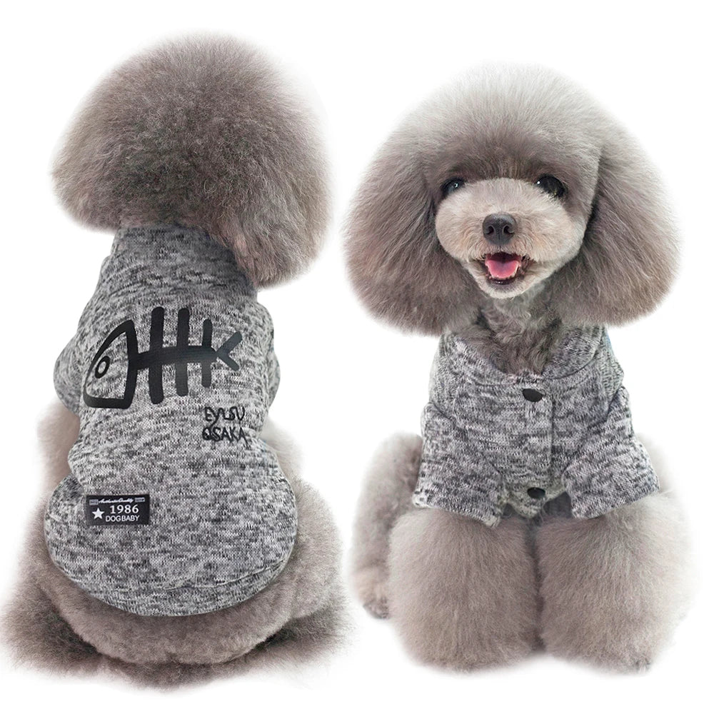 Winter Dog Hoodie Coat – Warm Polyester Pet Jacket for Small Dogs & Cats (XS–XL, Blue/Grey)