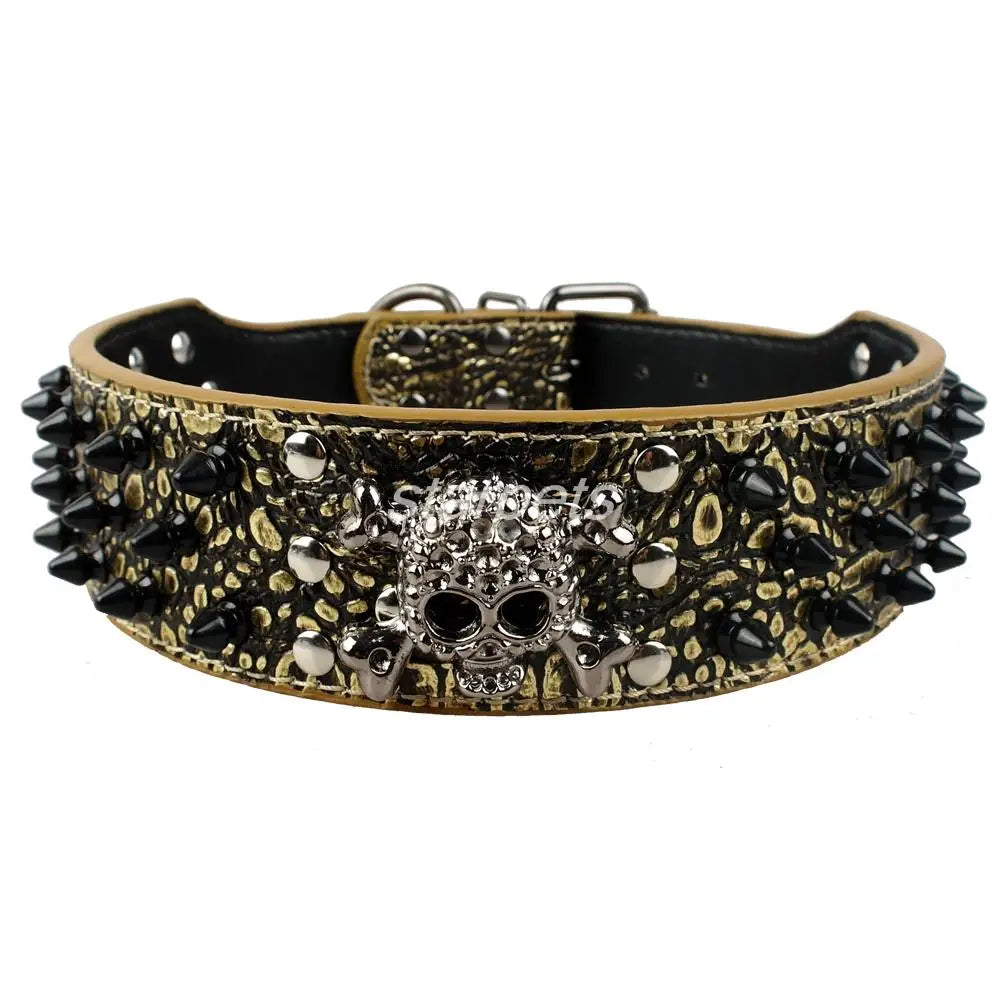 2" Wide Spiked Studded Leather Dog Collar with Skull & Bullet Rivets – For Medium & Large Dogs (S–XL)