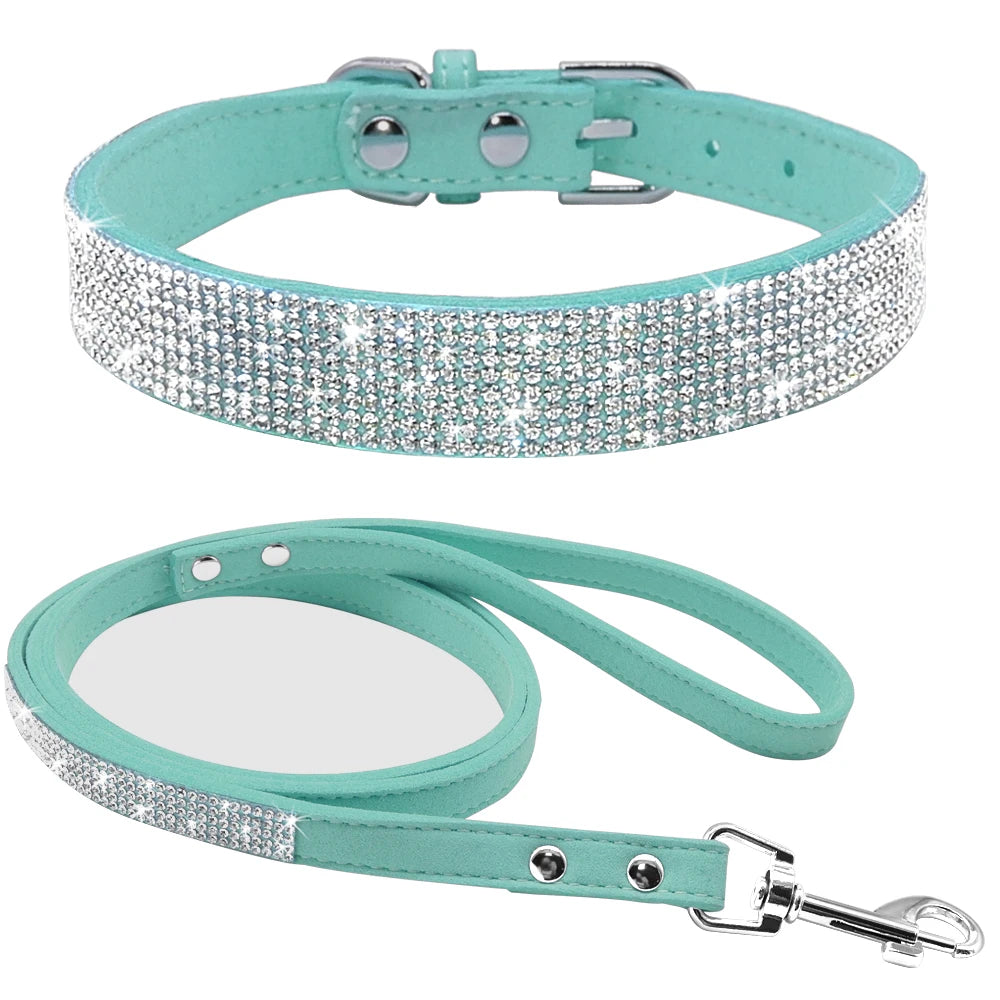 Adjustable Suede Leather Puppy Dog Collar & Leash Set – Rhinestone Bling for Small & Medium Pets (XS–M)