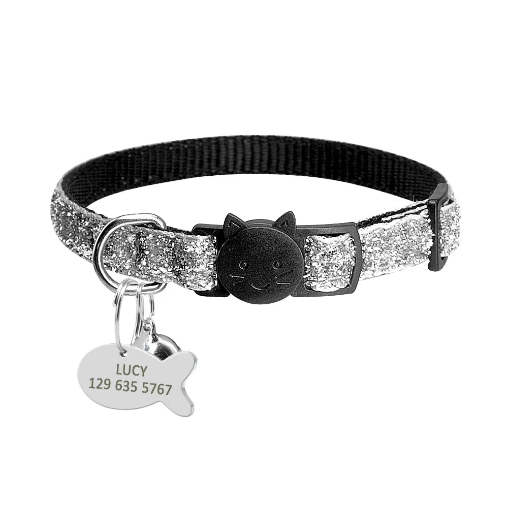 Personalized Quick Release Kitten Cat ID Collar Bling Sequins Puppy Dog Collars Engraved Tag Set With Bell For Small Dogs Cats