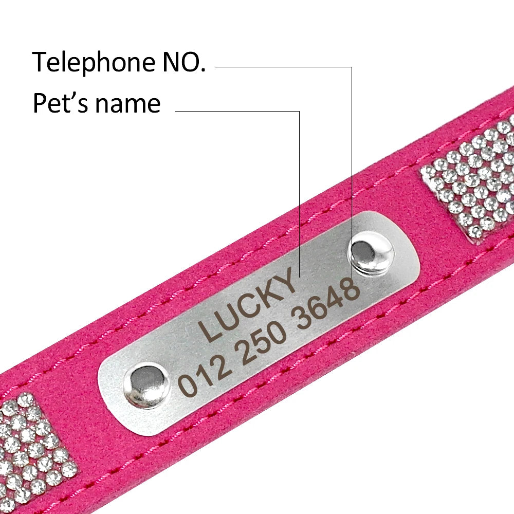 Soft Rhinestone Personalized Dog Collar – Custom Suede Leather with Engraved ID Tag for Small & Medium Dogs