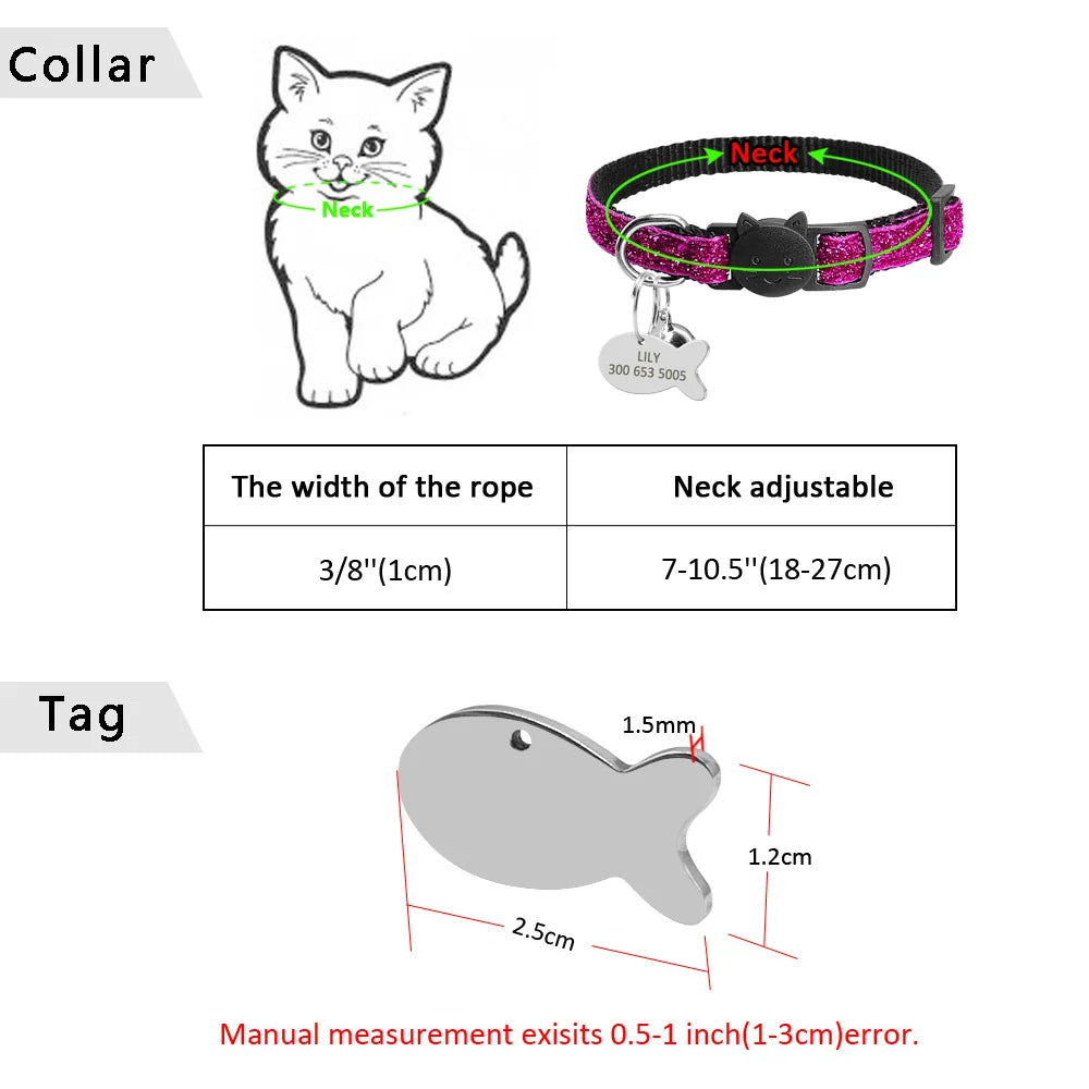 Personalized Quick Release Kitten Cat ID Collar Bling Sequins Puppy Dog Collars Engraved Tag Set With Bell For Small Dogs Cats