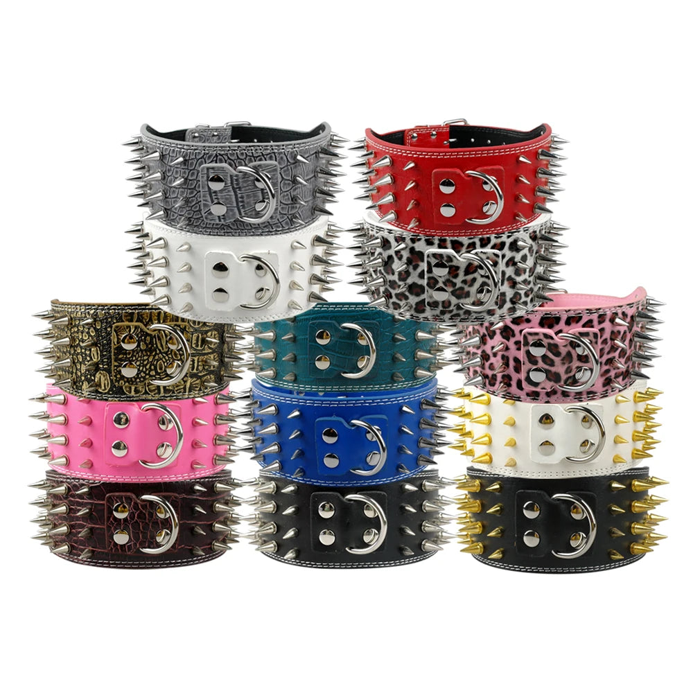 3" Wide Sharp Spiked Leather Dog Collar – Studded Heavy-Duty Collar for Medium & Large Dogs (Pitbull, Mastiff, German Shepherd)