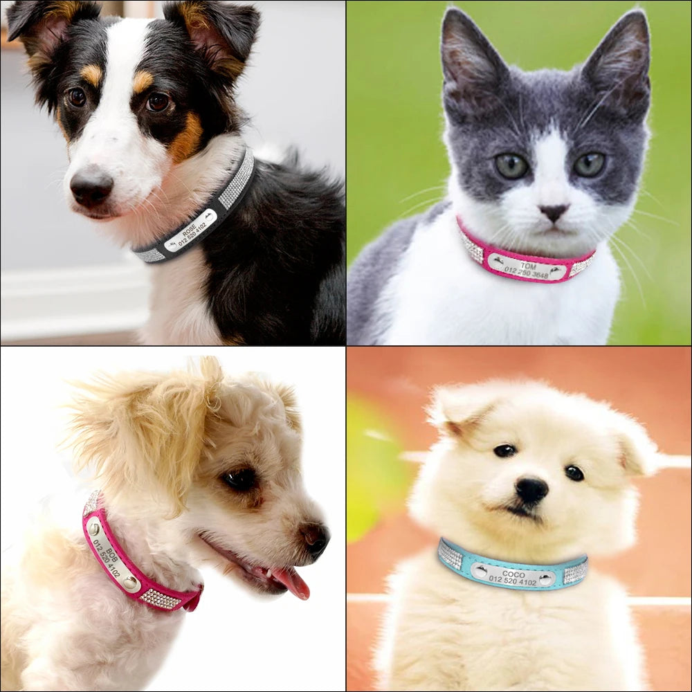 Soft Rhinestone Personalized Dog Collar – Custom Suede Leather with Engraved ID Tag for Small & Medium Dogs