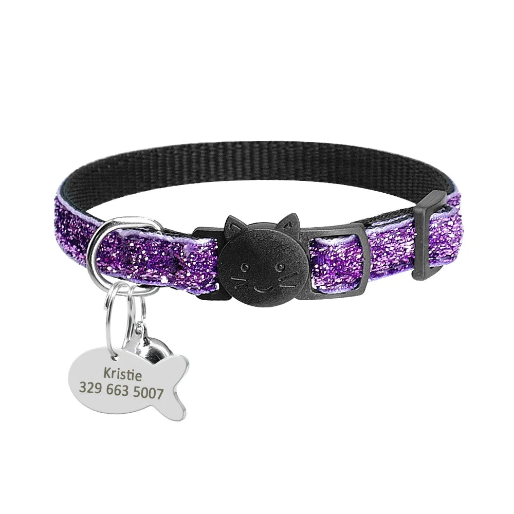 Personalized Quick Release Kitten Cat ID Collar Bling Sequins Puppy Dog Collars Engraved Tag Set With Bell For Small Dogs Cats