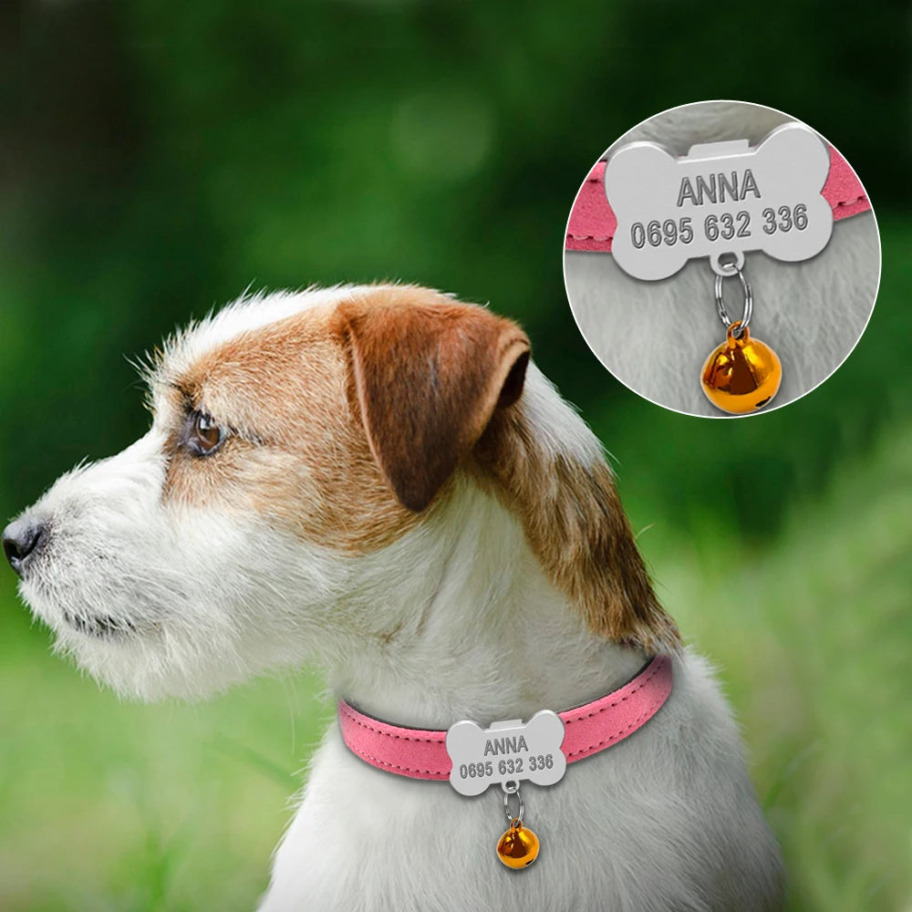 Personalized Dog Collars Custom Chihuahua Puppy Cat Collar Bone ID Tag Engraved with Free Bell – XS S