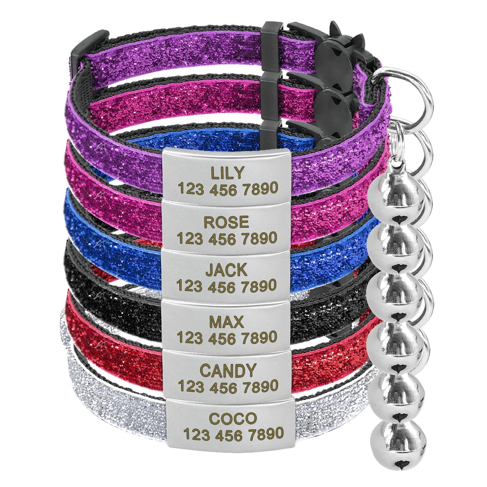 Personalized Bling Cat Collar – Custom Engraved Quick Release Collar with Bell for Cats & Small Dogs