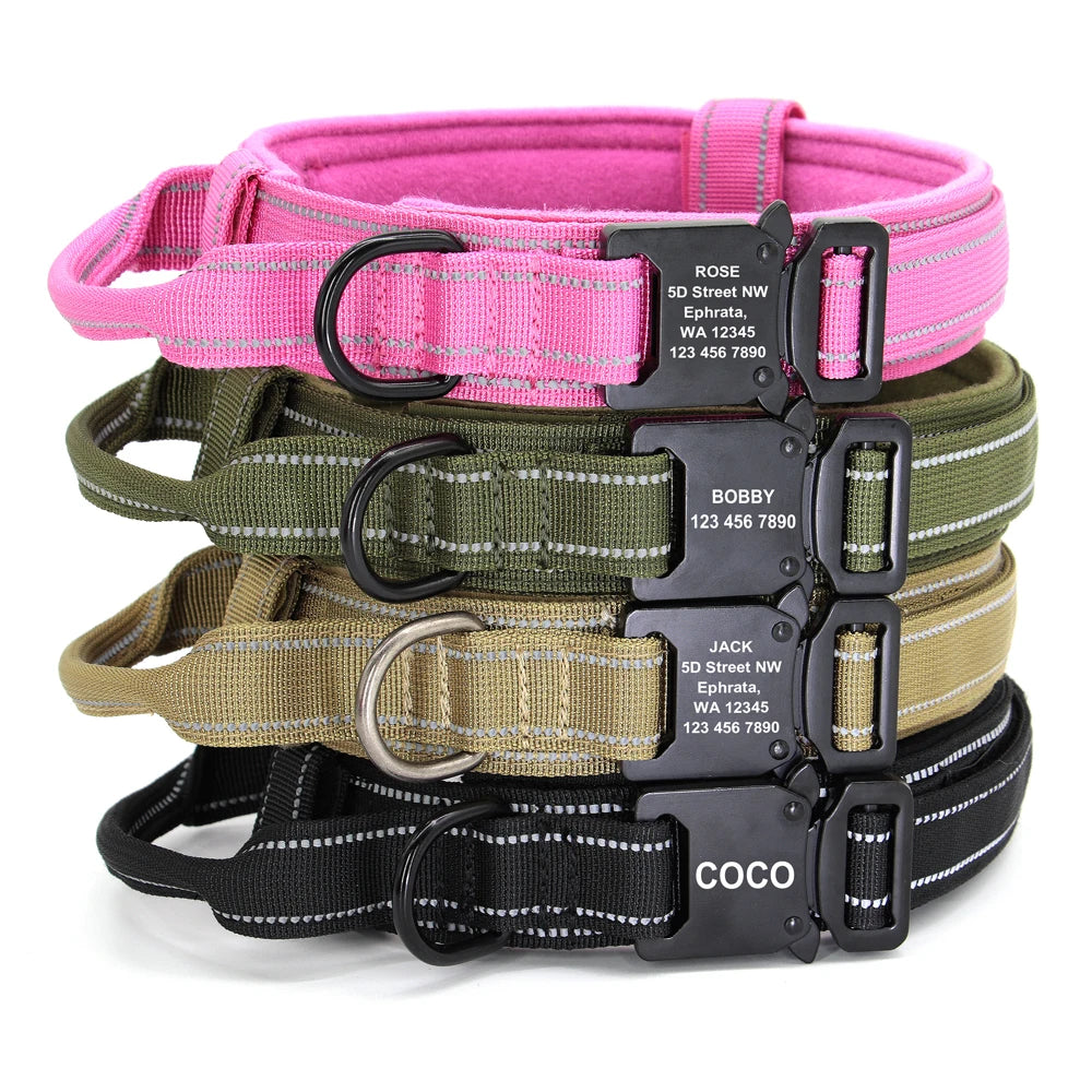 Personalized Military Tactical Dog Collar – Custom Engraved Nylon Training Collar with Handle for Medium & Large Dogs