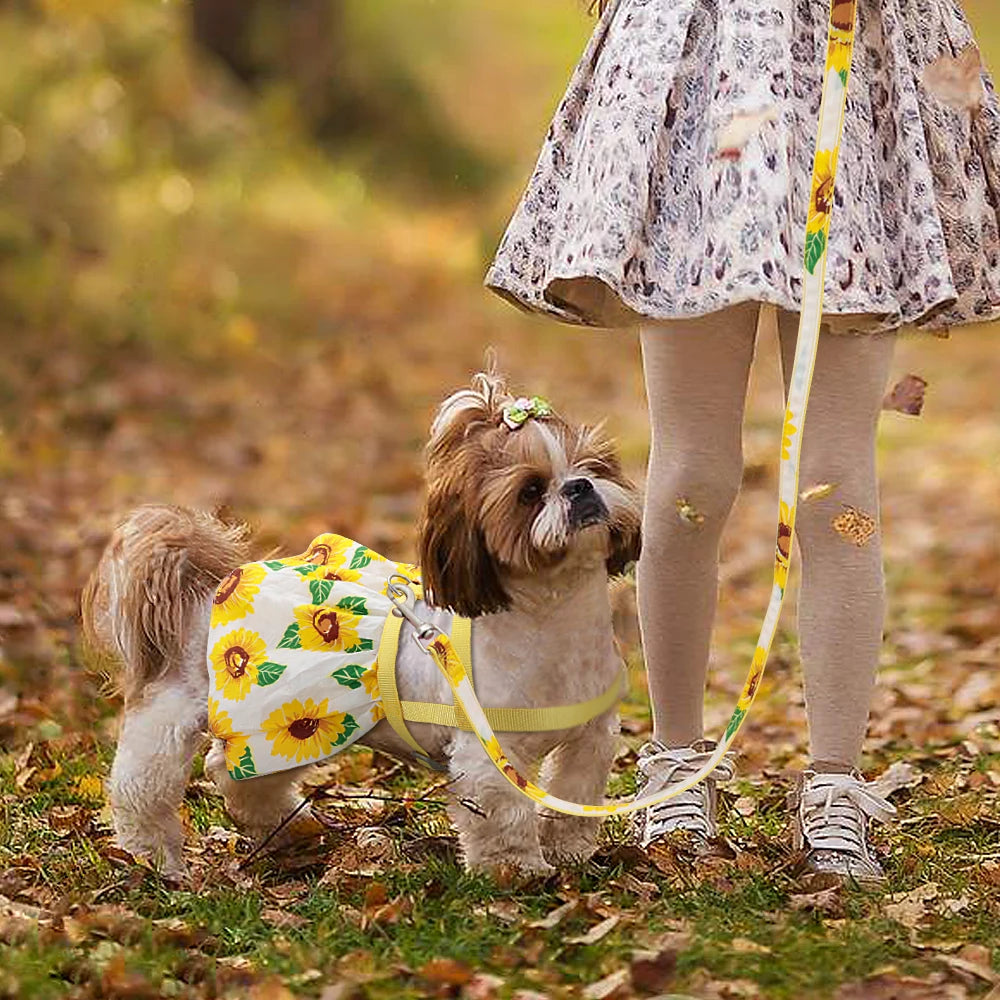Floral Printed Dog & Cat Harness Dress – Adjustable Vest with Matching Leash for Small & Medium Pets