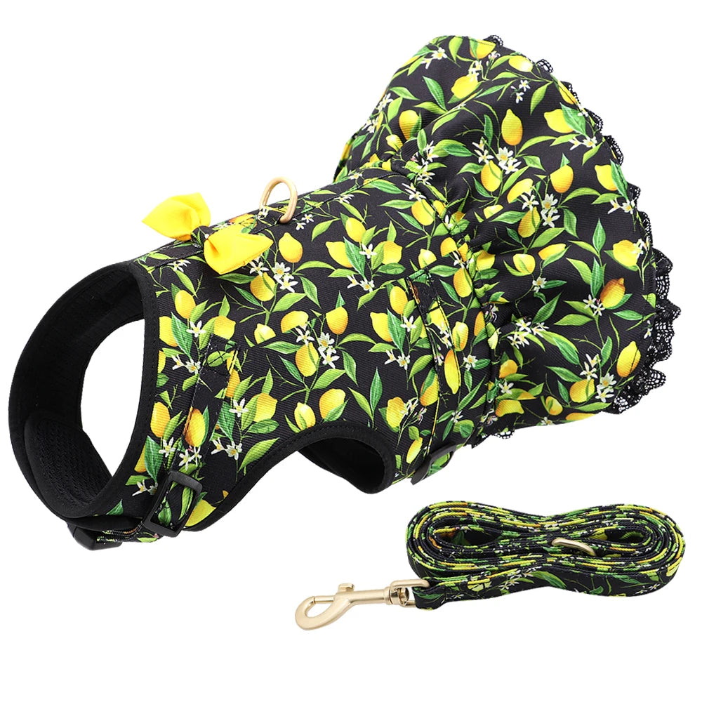 Cute Printed Dog & Cat Harness Leash Set – Summer Pet Dress Vest for Small Dogs & Cats (Chihuahua, Yorkie, Pug, French Bulldog)