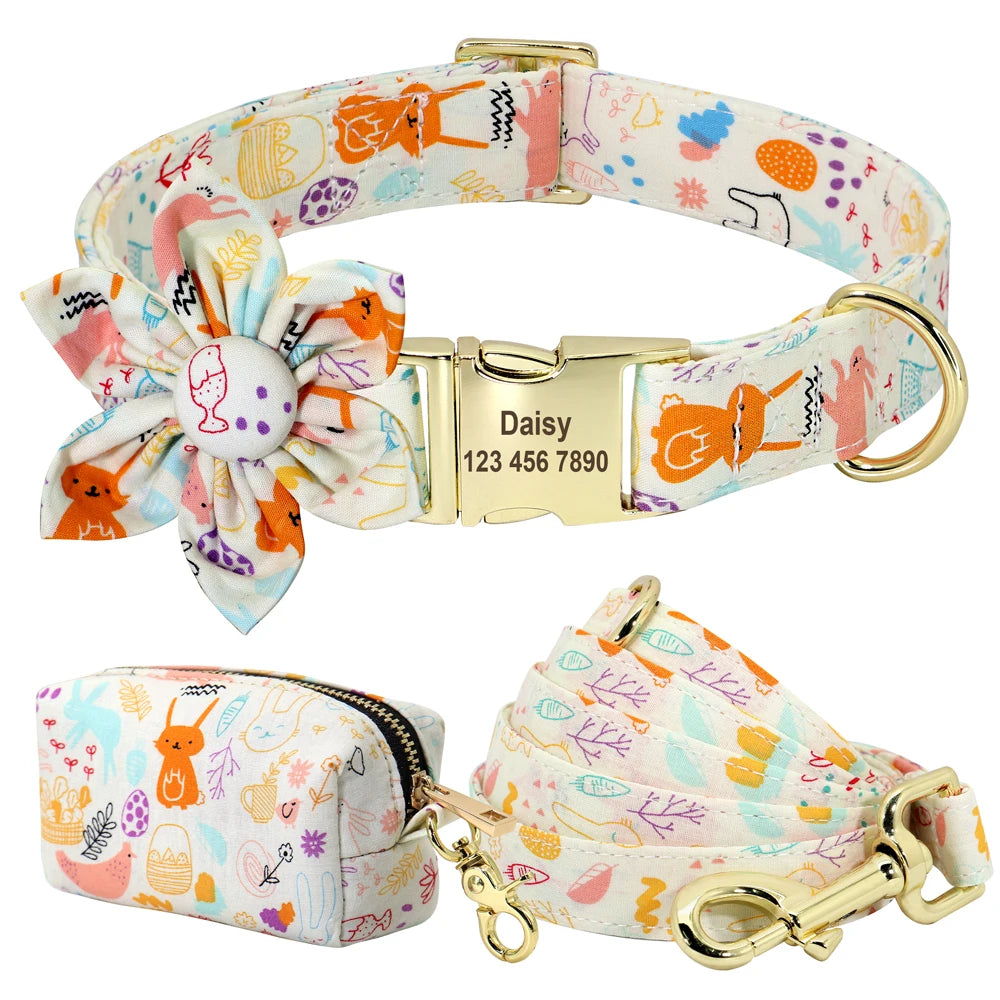 Personalized Floral Dog Collar Set – Collar + Leash + Poop Bag