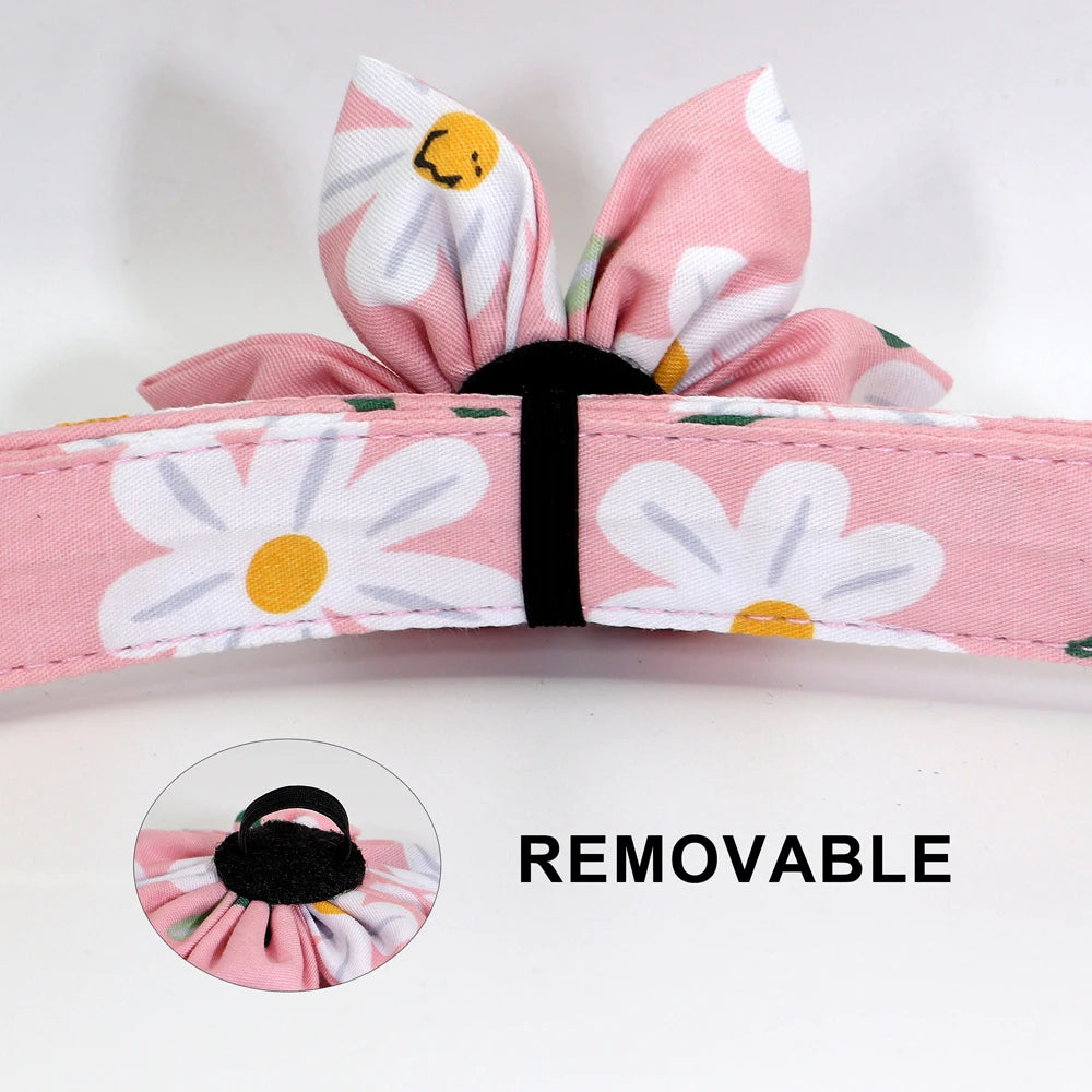 Personalized Dog Collar with Flower Print – Custom Engraved Nameplate | Adjustable Nylon Pet ID Collar for Small, Medium & Large Dogs